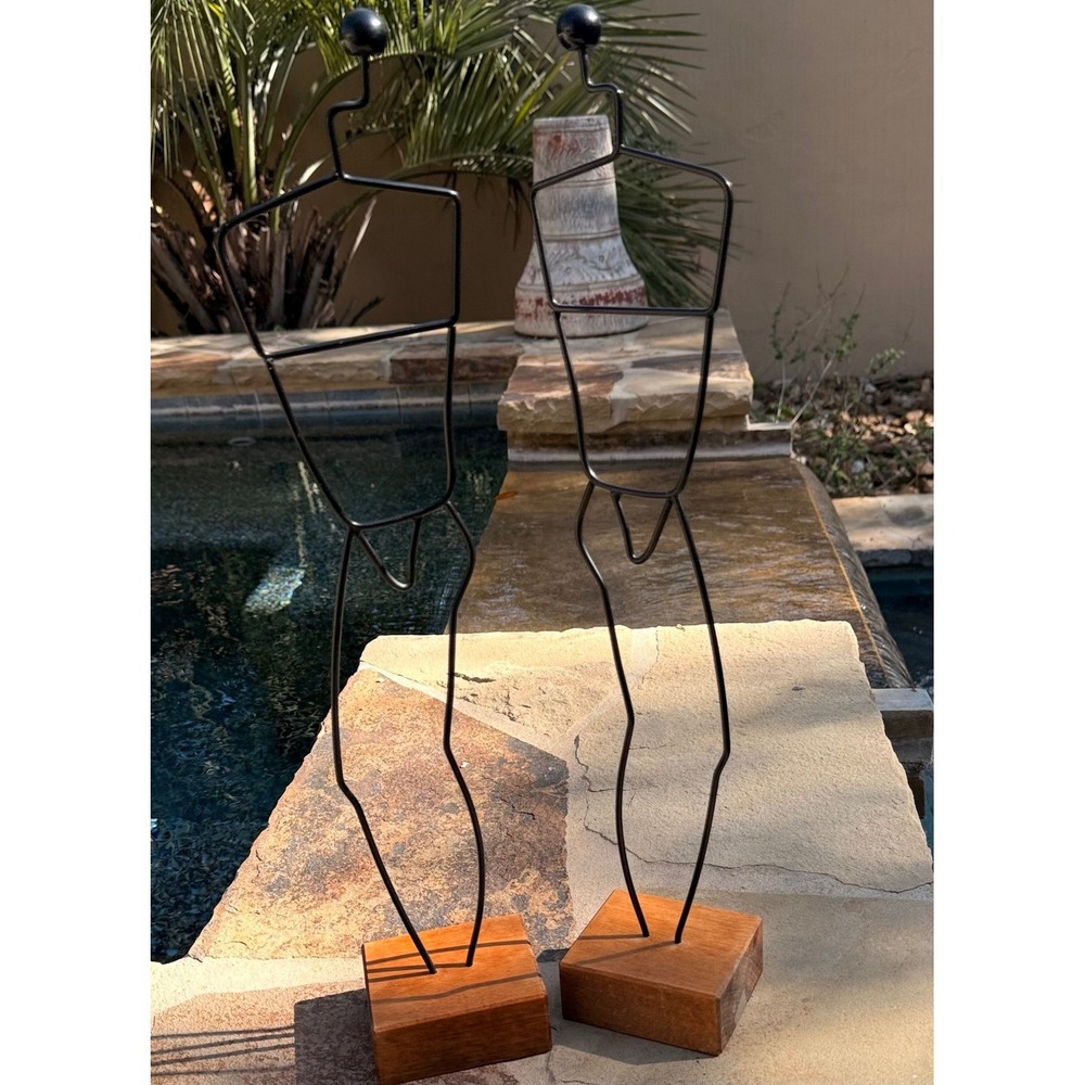 Scandinavian Wire Figure Sculpture Valet Stands Wood Base Denmark Set 2 Modern